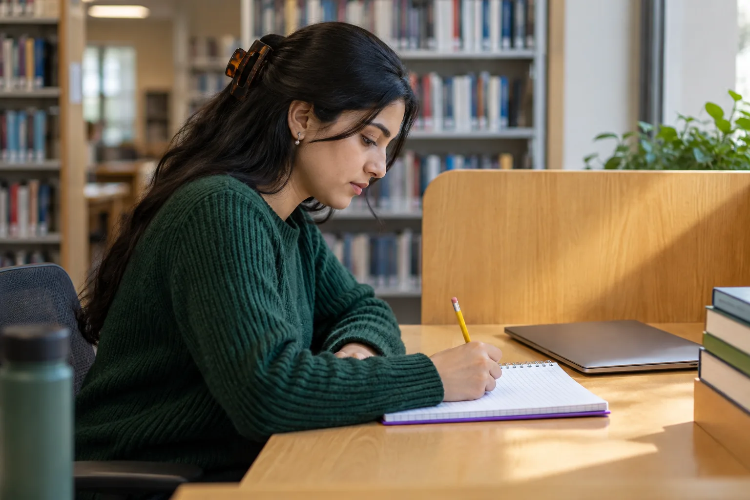 Nepali student working independently on quantitative study notes in a library