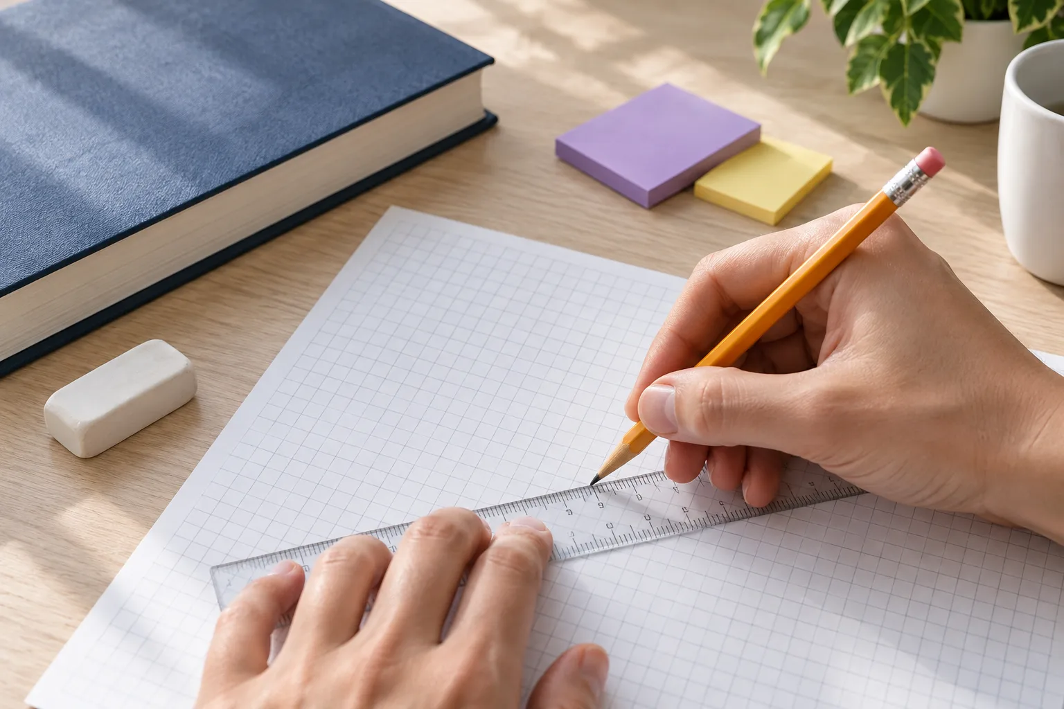 Hands using a ruler and pencil on graph paper for quantitative practice