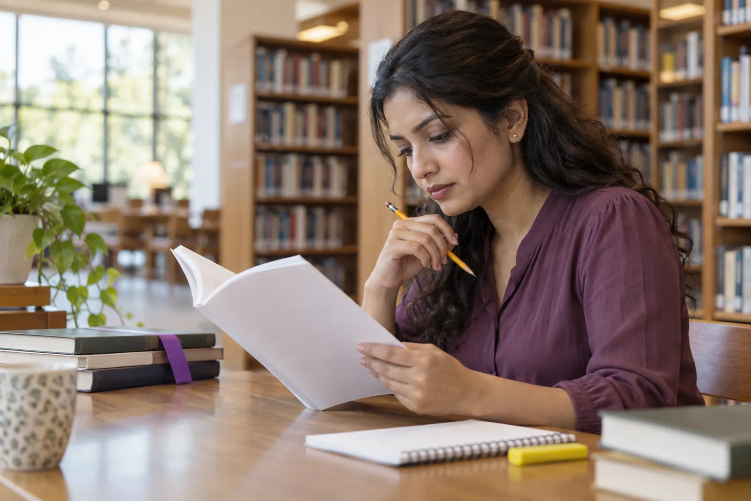 Nepali GMAT learner reading a booklet and taking notes in a library