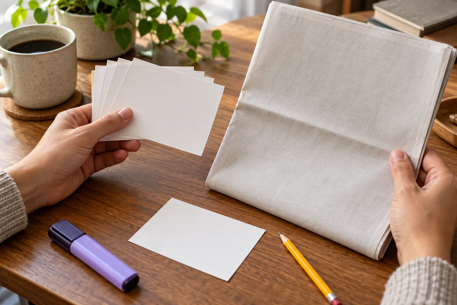 Hands comparing blank index cards with a reading sheet and highlighter