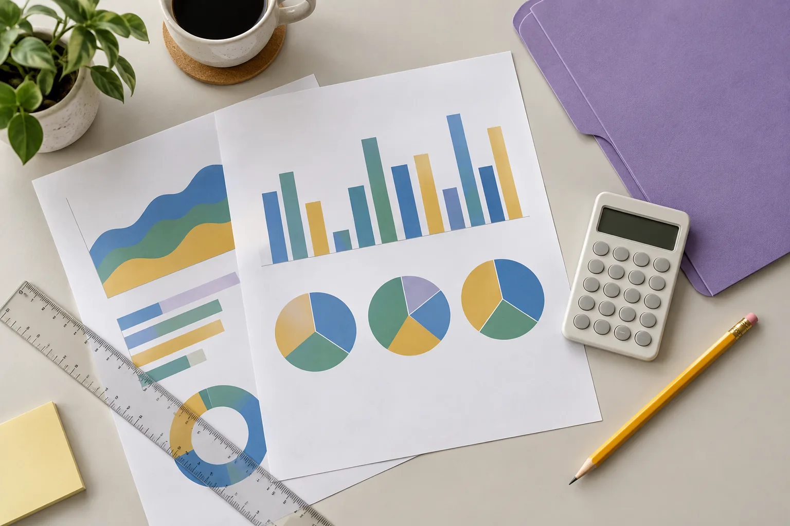 Abstract data charts beside a calculator and violet study folder
