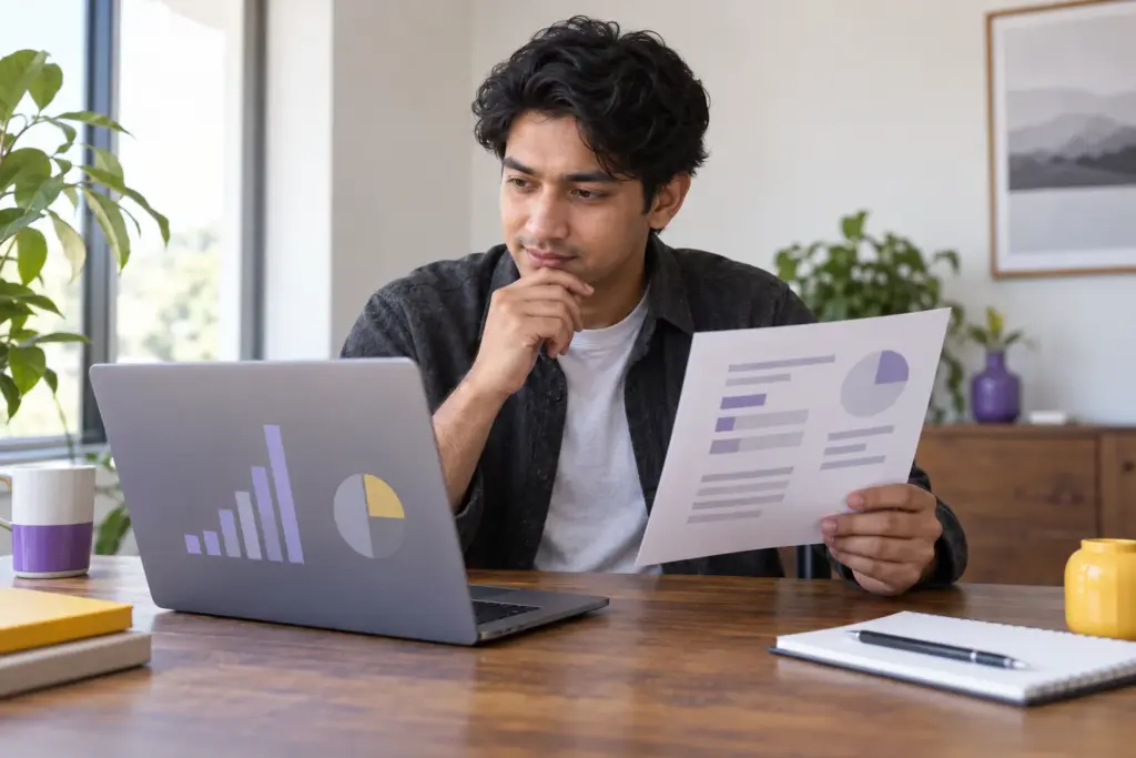 Nepali candidate comparing an illustrative score report sheet with laptop charts