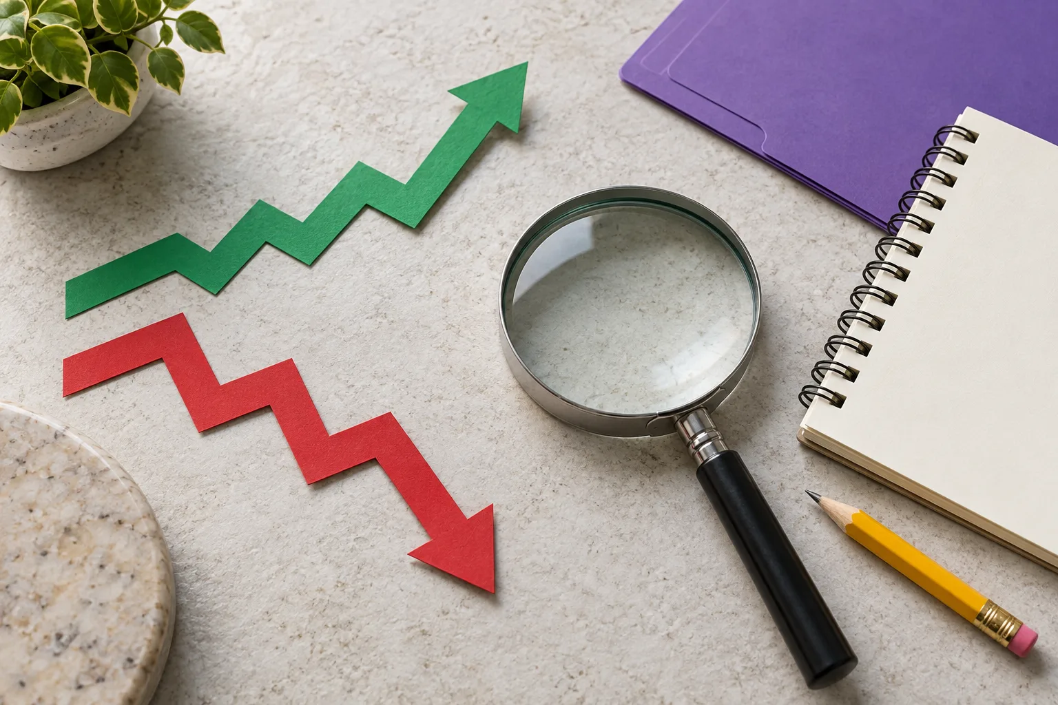 Magnifying glass beside coloured paper arrows for interpreting score trends