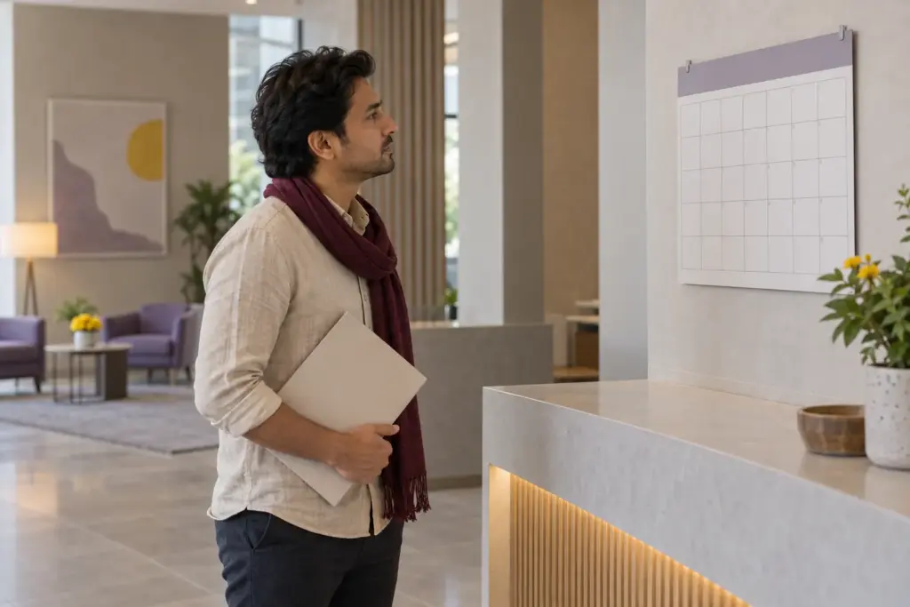 Nepali applicant holding a document folder while reviewing a calendar in a lobby