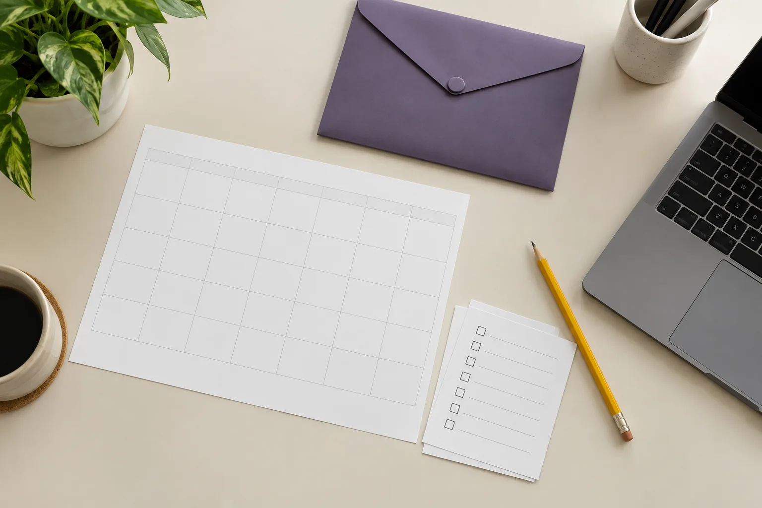 Blank calendar and application checklist beside a violet folder and laptop