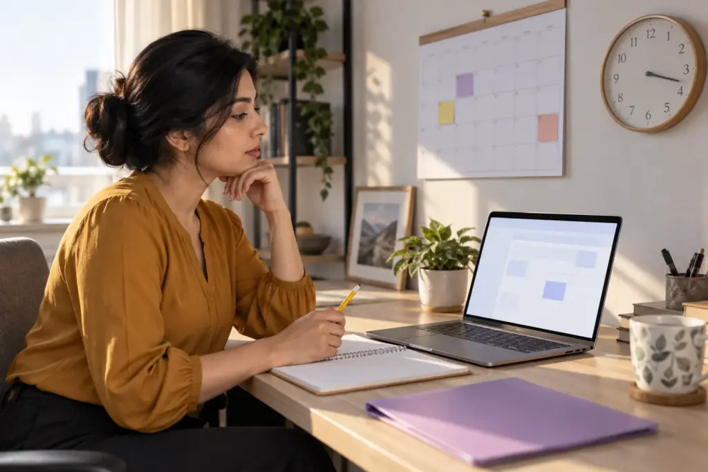 GMAT candidate in amber shirt reviewing an appointment calendar beside a laptop