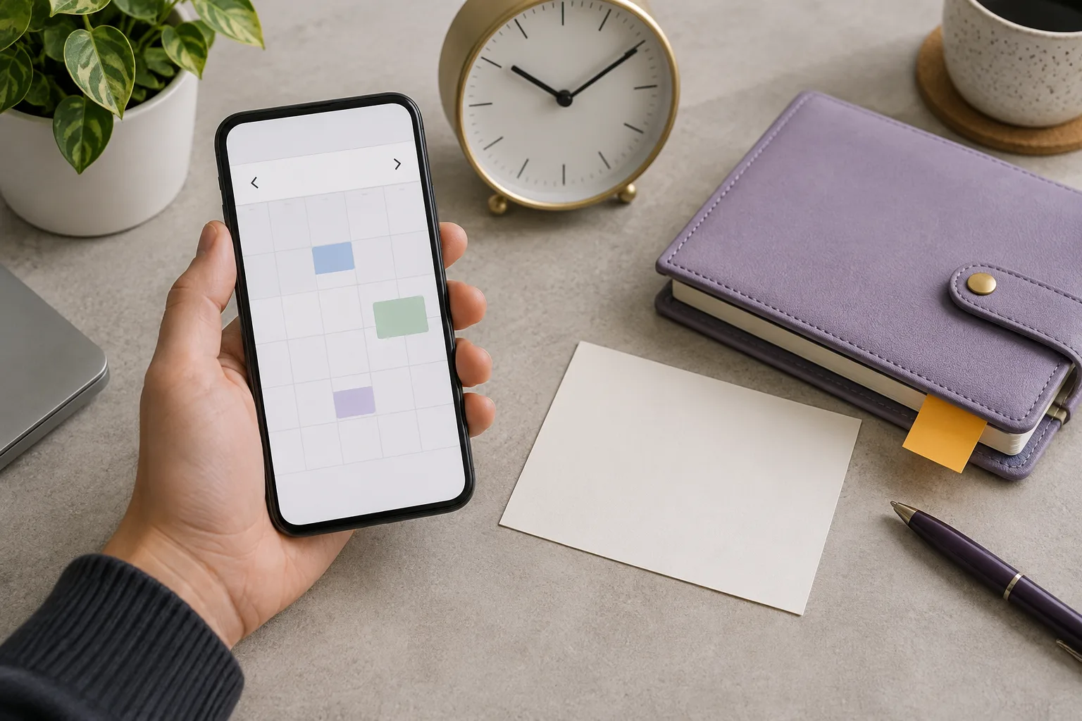 Hand checking a calendar on a phone beside a clock and violet GMAT planner