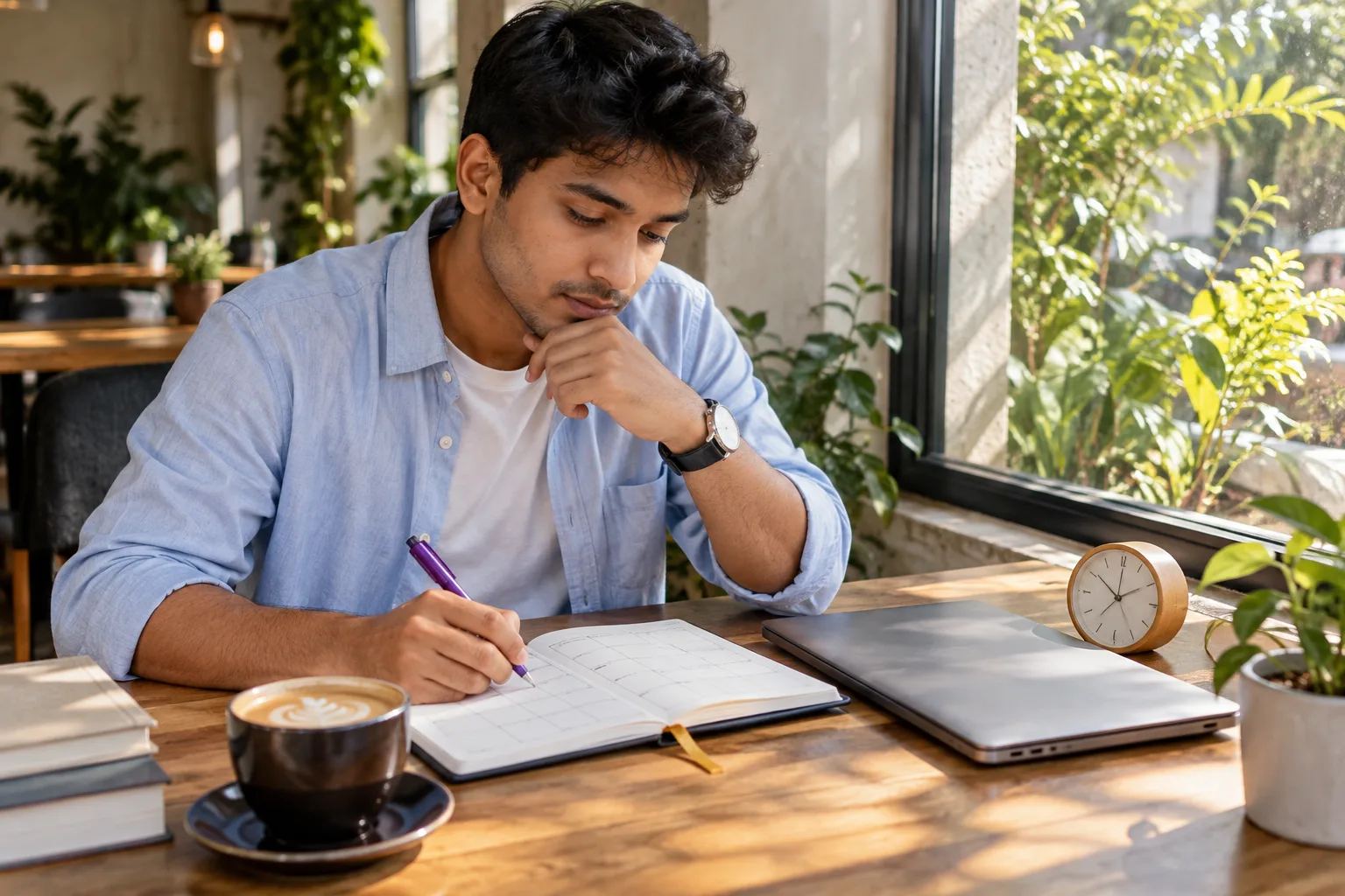 GMAT student in blue shirt planning study time with a desk calendar
