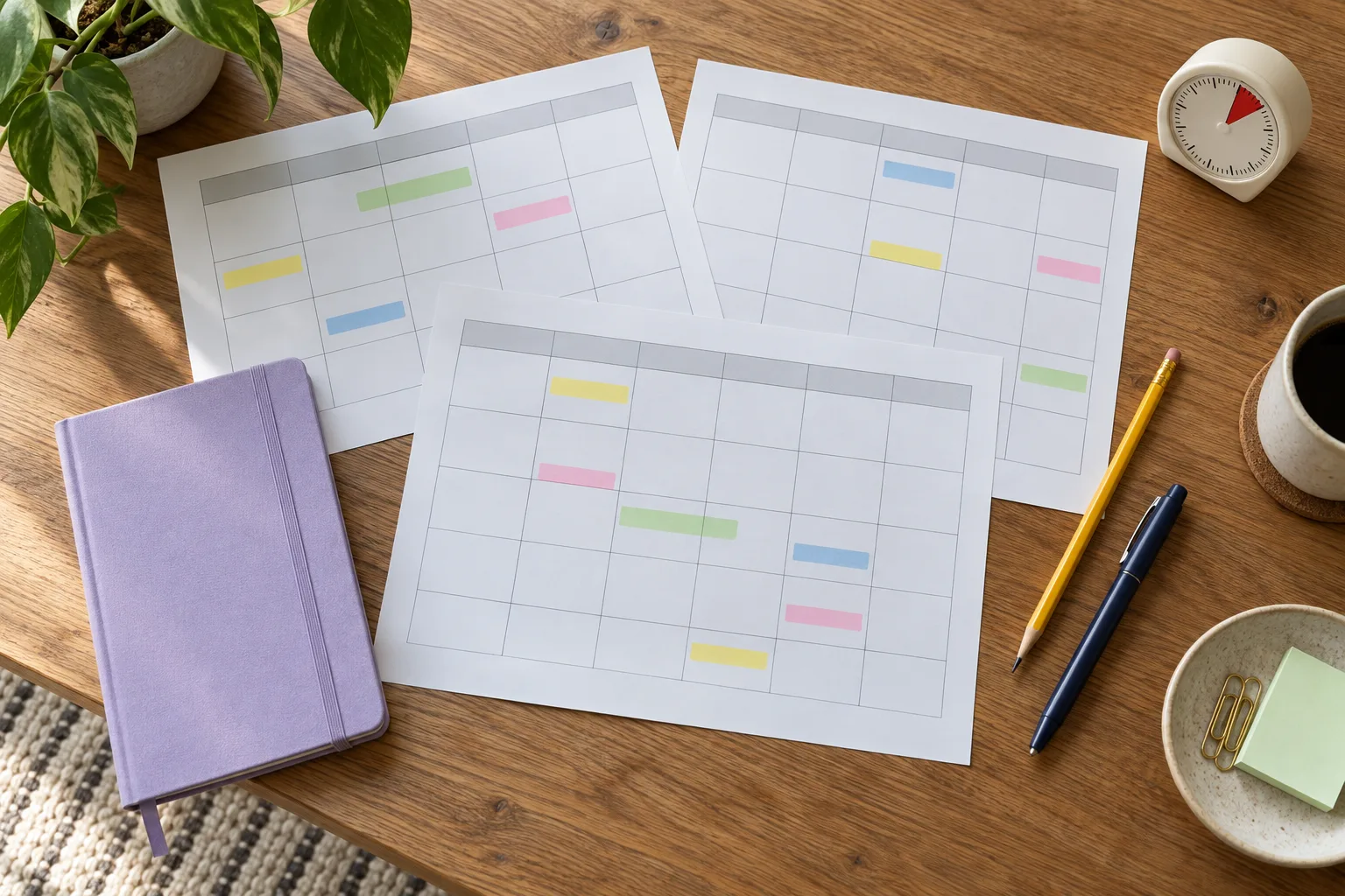 Overhead view of a GMAT study calendar and review materials on a desk
