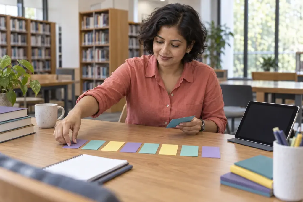 Student in coral shirt arranging eight weeks of GMAT study cards