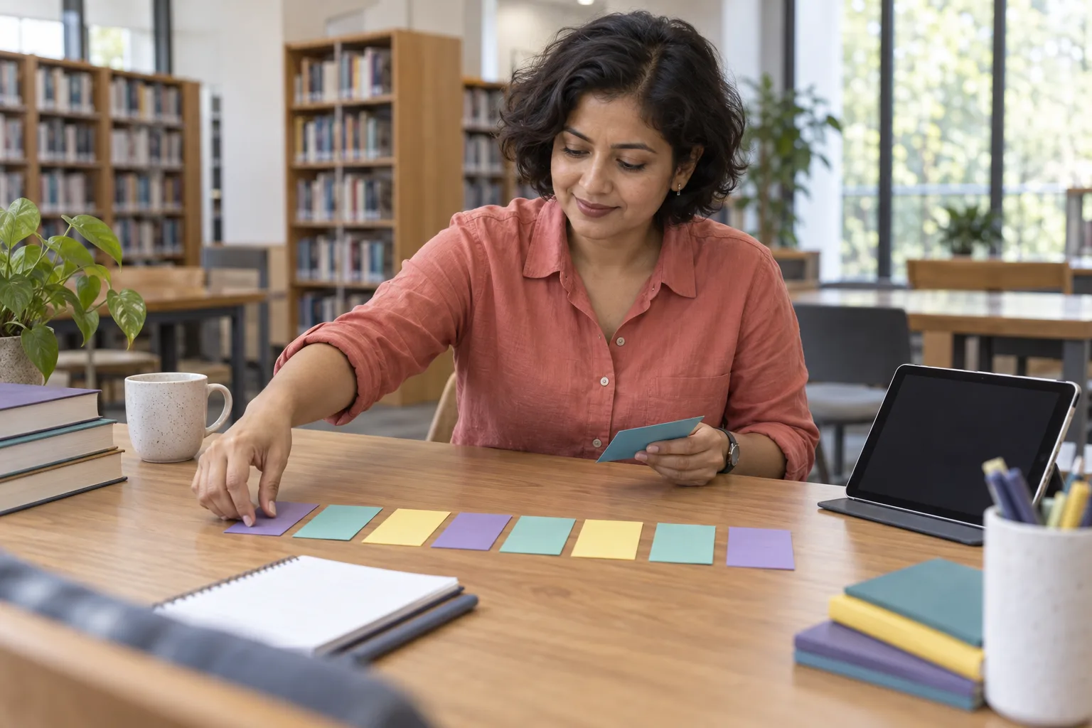 Student in coral shirt arranging eight weeks of GMAT study cards