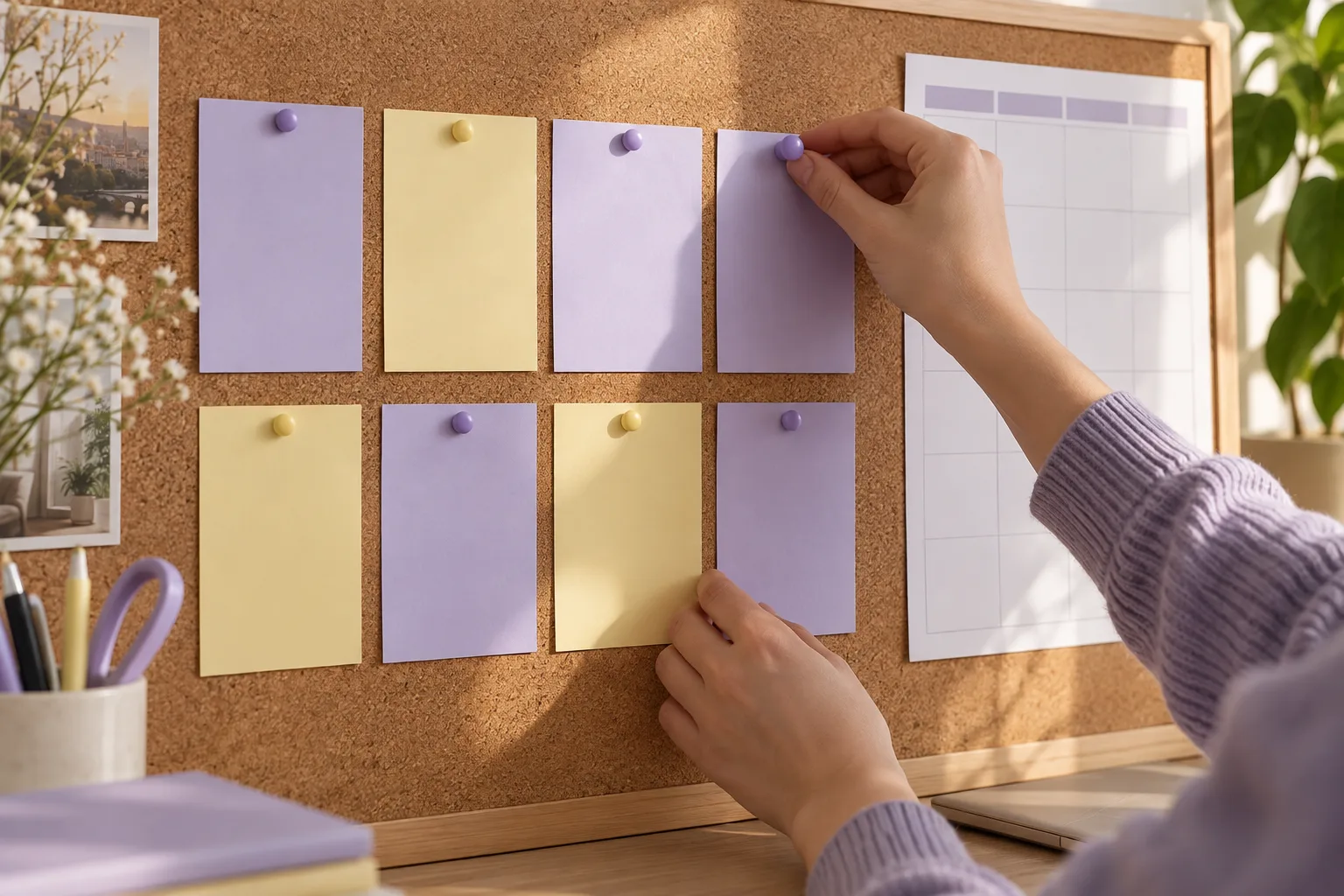 Hand pinning eight GMAT study plan cards on a planning board