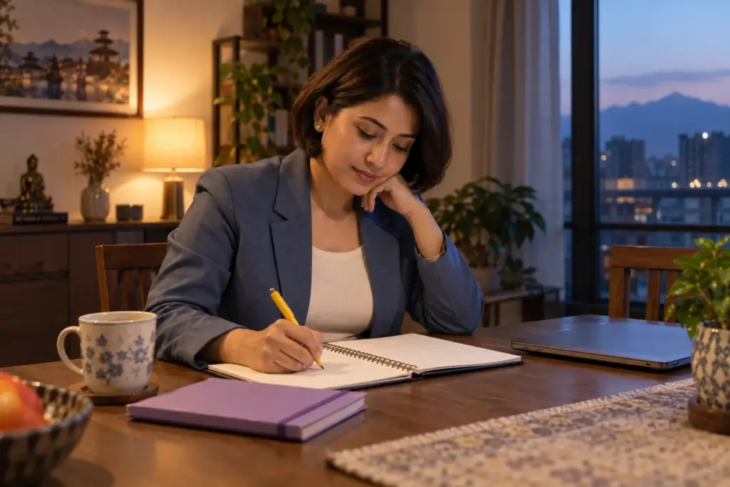 Working professional in slate blazer studying for the GMAT after work