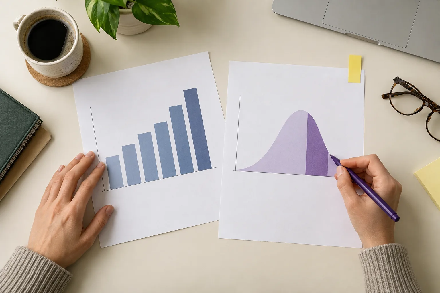 Hands comparing abstract score and percentile charts with a violet pen