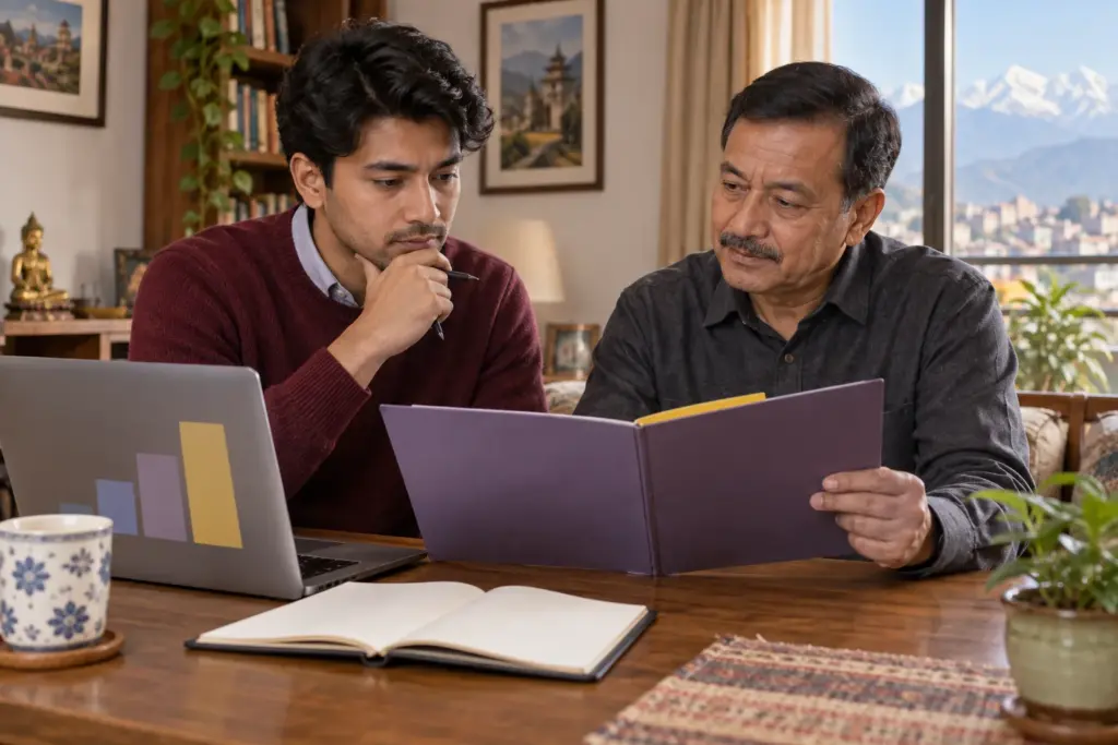 Nepali MBA applicant and older family member reviewing a scholarship folder