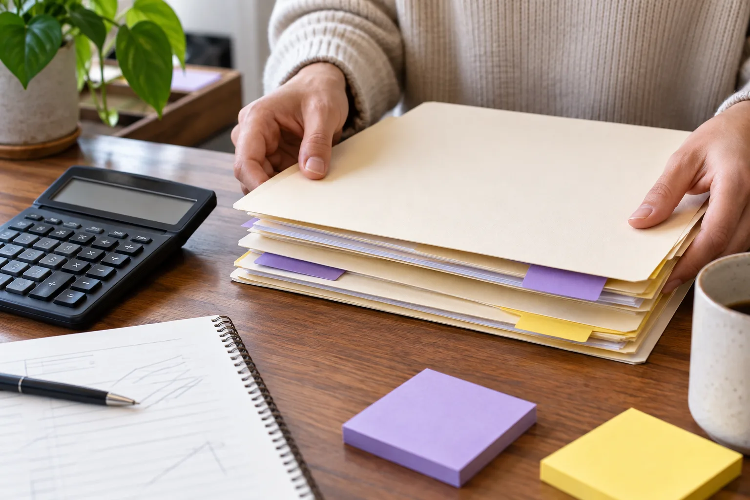 Hands sorting scholarship planning folders beside a calculator and notes