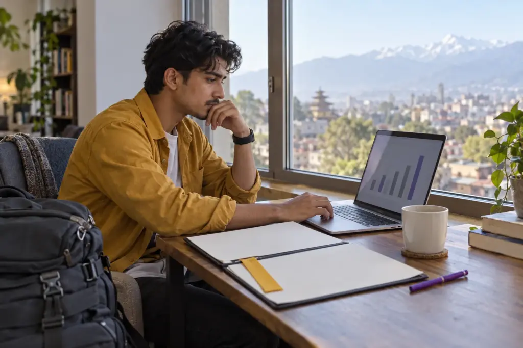 GMAT applicant in mustard overshirt planning a US MBA at a laptop