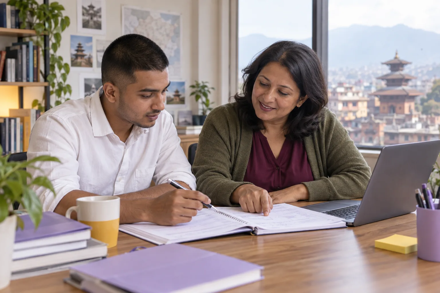 Student and adviser reviewing an MBA application plan beside a laptop