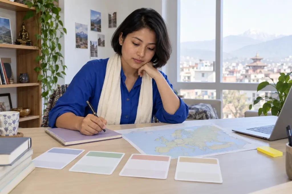 Nepali student in blue shirt comparing UK and Europe MBA options on a map
