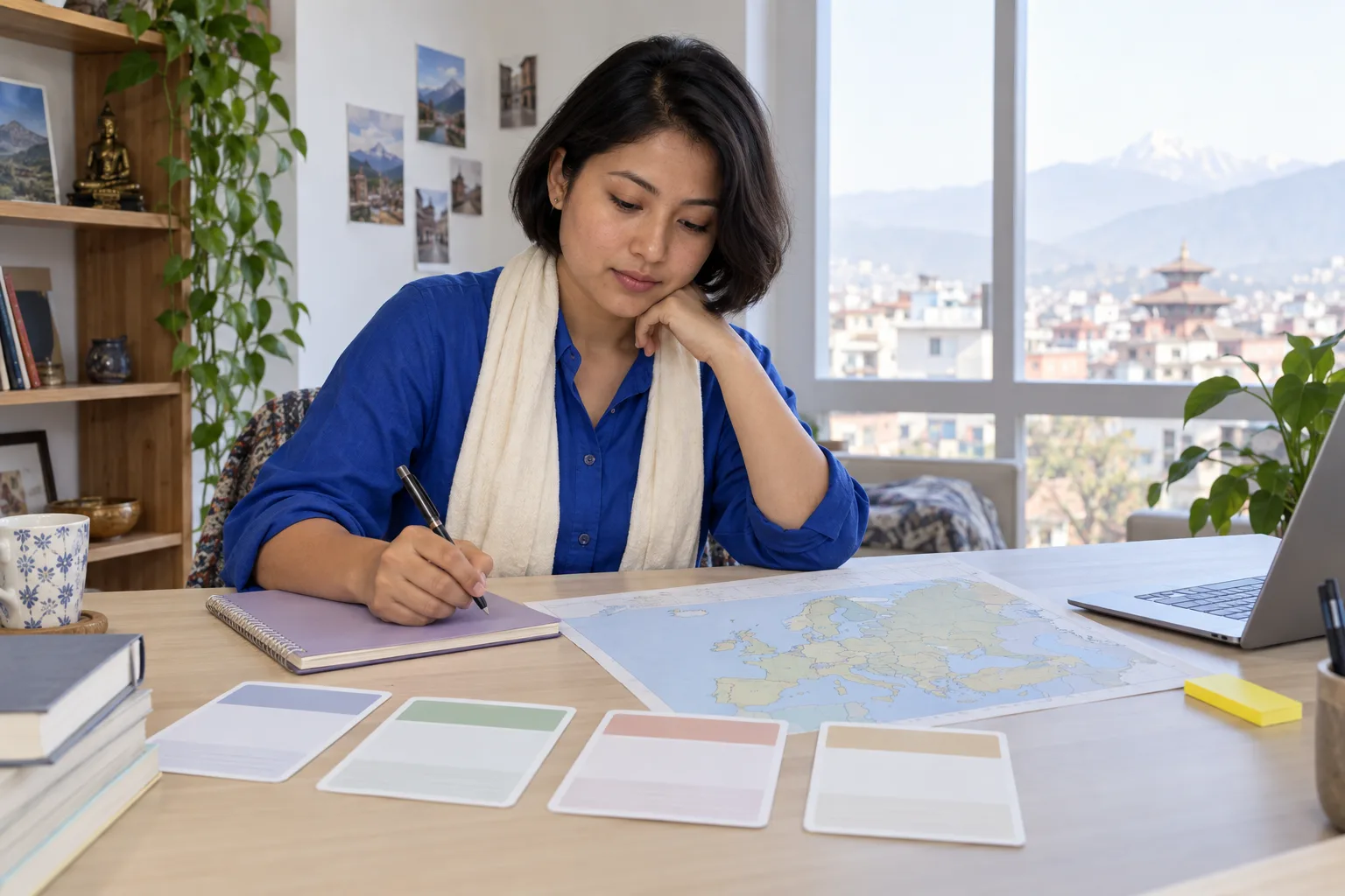 Nepali student in blue shirt comparing UK and Europe MBA options on a map