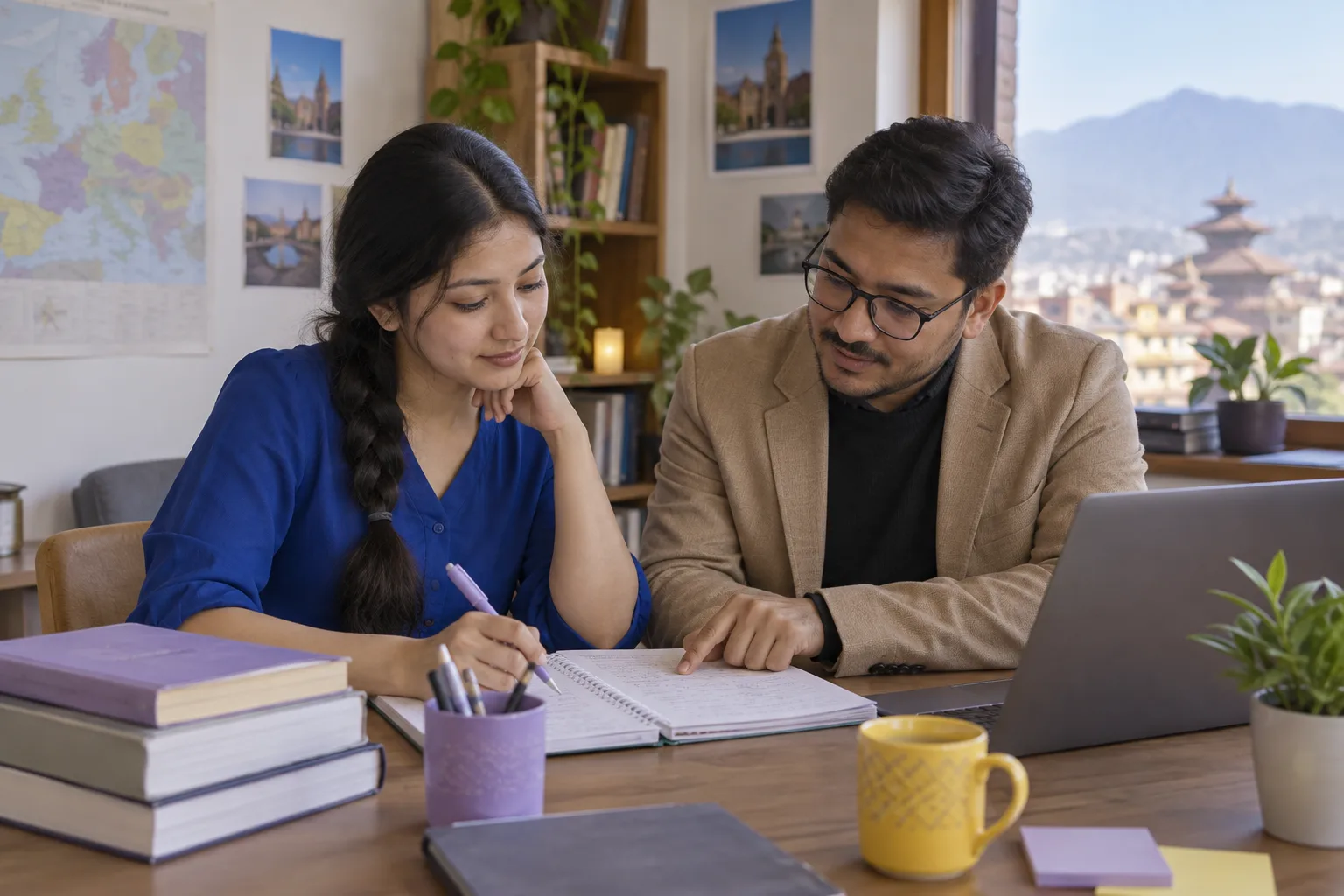 Student in blue shirt reviewing European MBA planning notes with an adviser