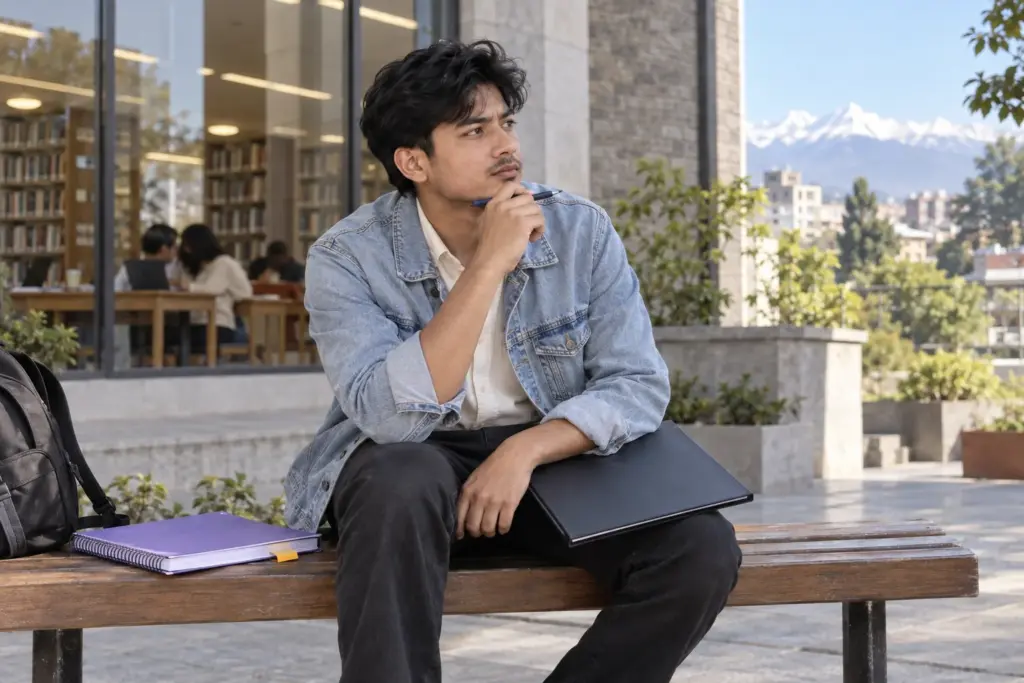 BBA/BBS graduate in a denim jacket considering GMAT preparation at a library