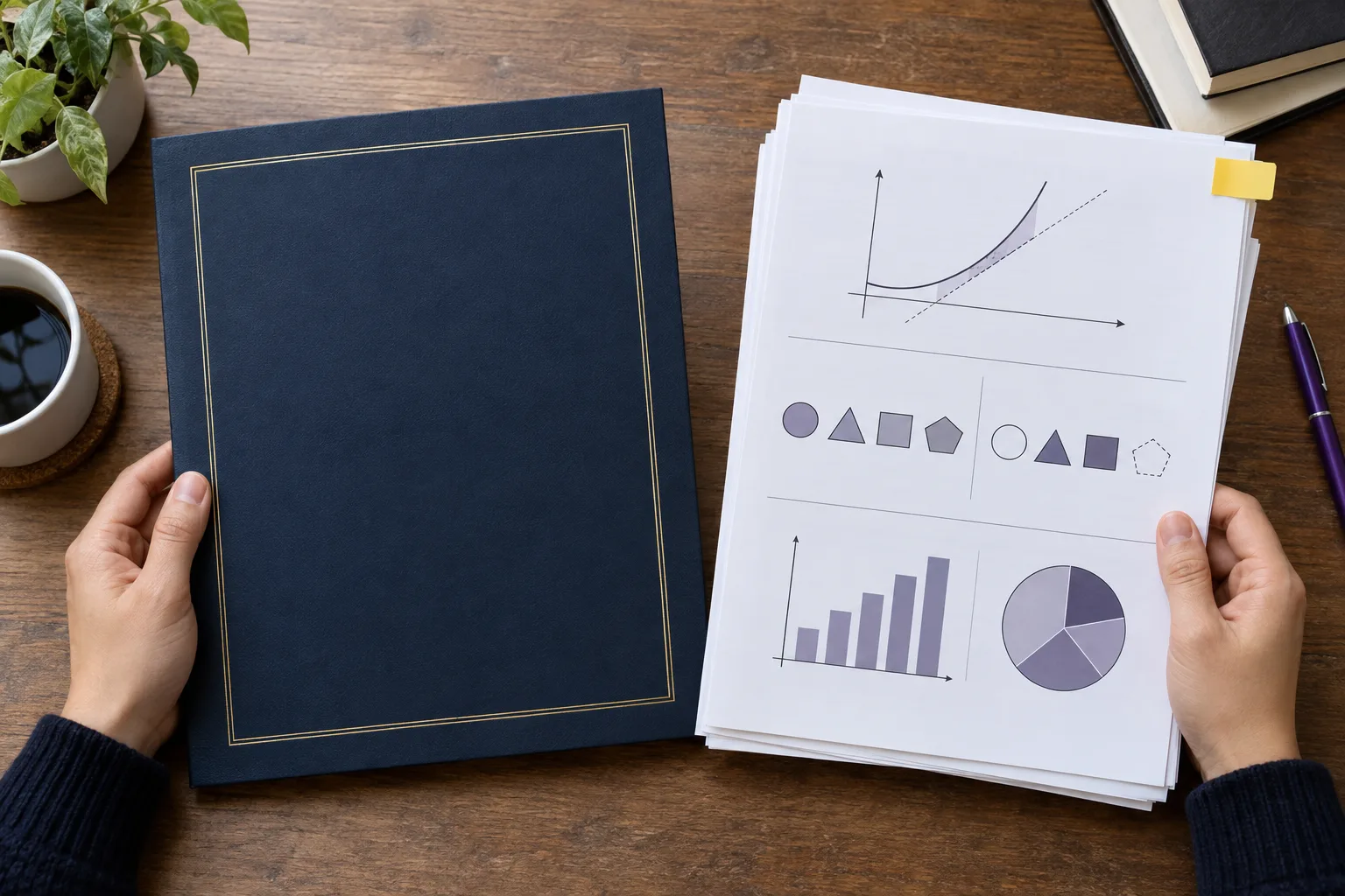Hands comparing a degree folder and abstract GMAT practice diagrams