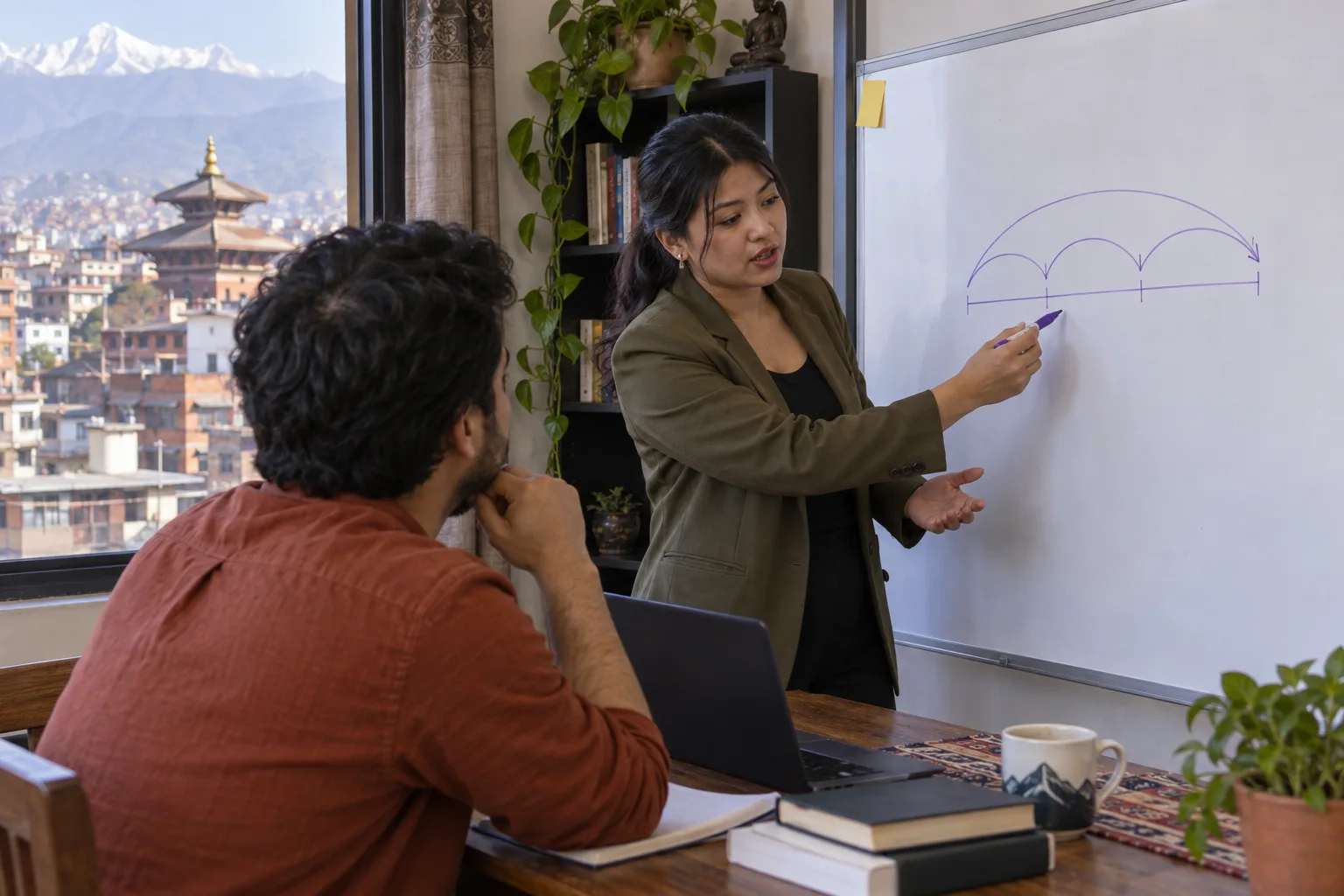 GMAT Quant tutor in an olive blazer explaining a diagram to a learner