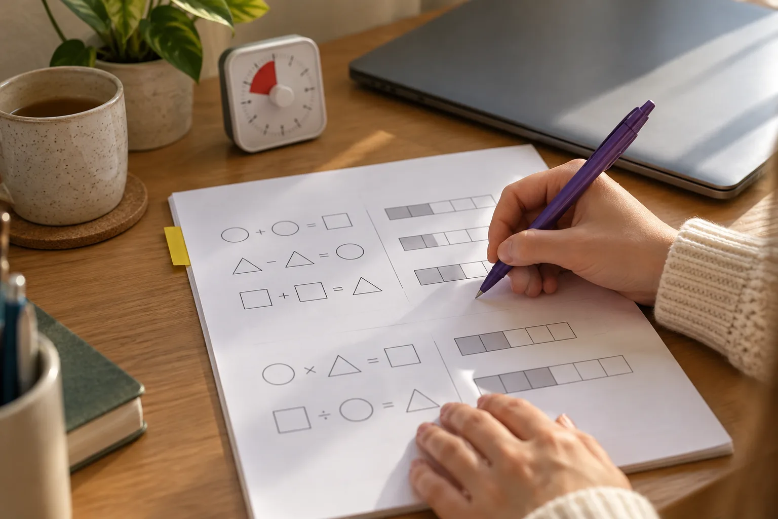 Hand using a violet pen on abstract arithmetic shapes beside a timer