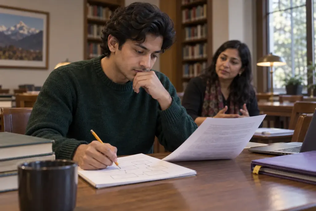 GMAT Verbal learner in a green sweater reading a passage at a library table