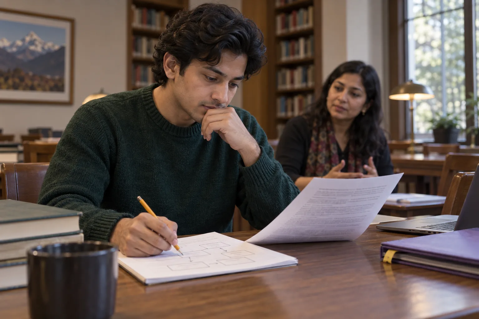 GMAT Verbal learner in a green sweater reading a passage at a library table