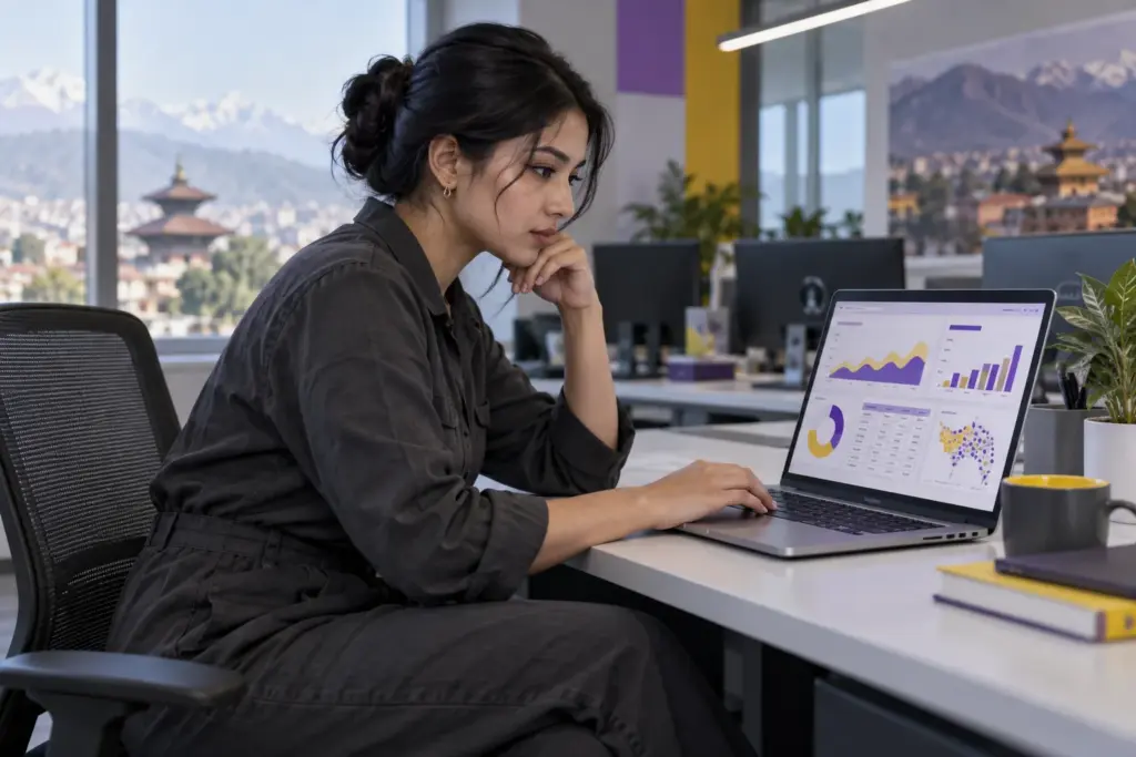 GMAT Data Insights learner in a charcoal outfit reviewing charts on a laptop