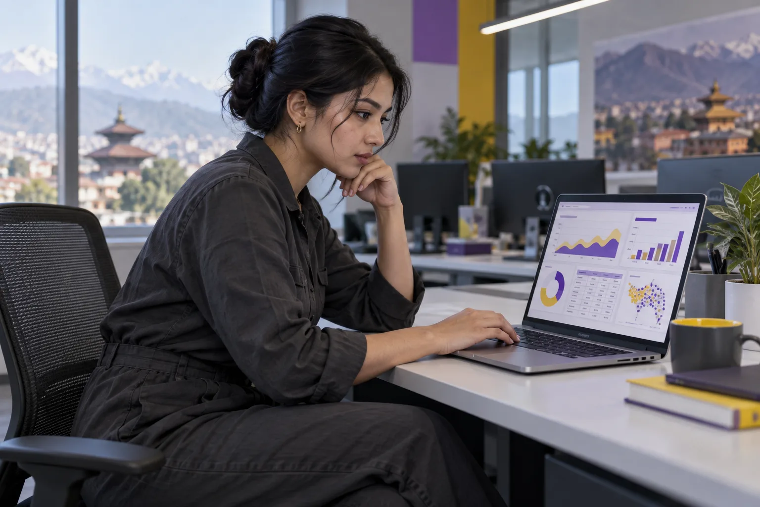 GMAT Data Insights learner in a charcoal outfit reviewing charts on a laptop