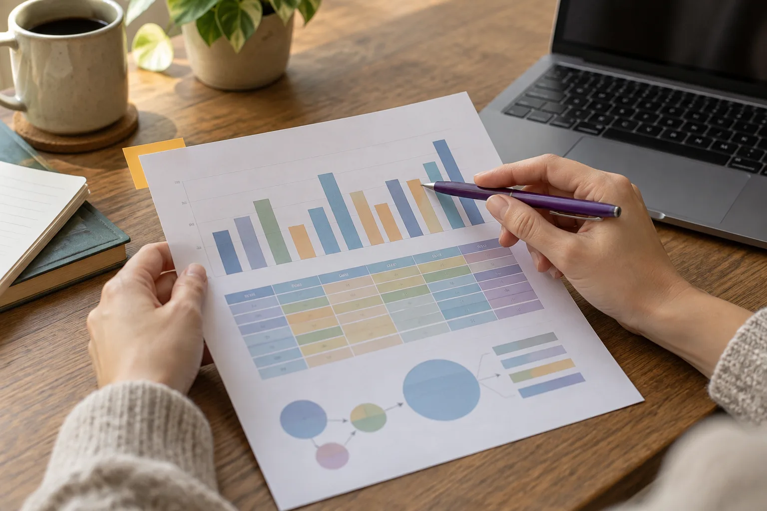 Hands comparing an abstract bar chart, table and diagram for Data Insights practice