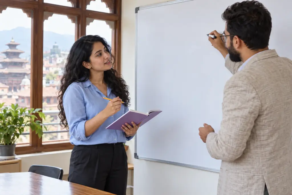 Nepali GMAT learner discussing Quant preparation with a tutor at a whiteboard