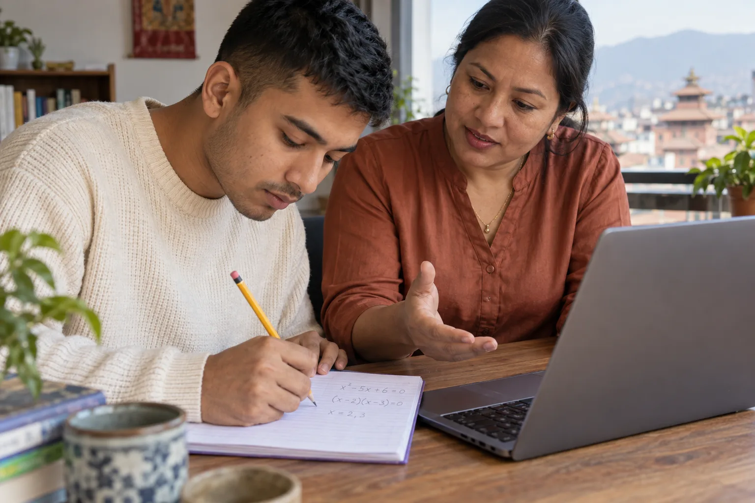 GMAT learner rewriting an algebra equation with a mentor beside a laptop