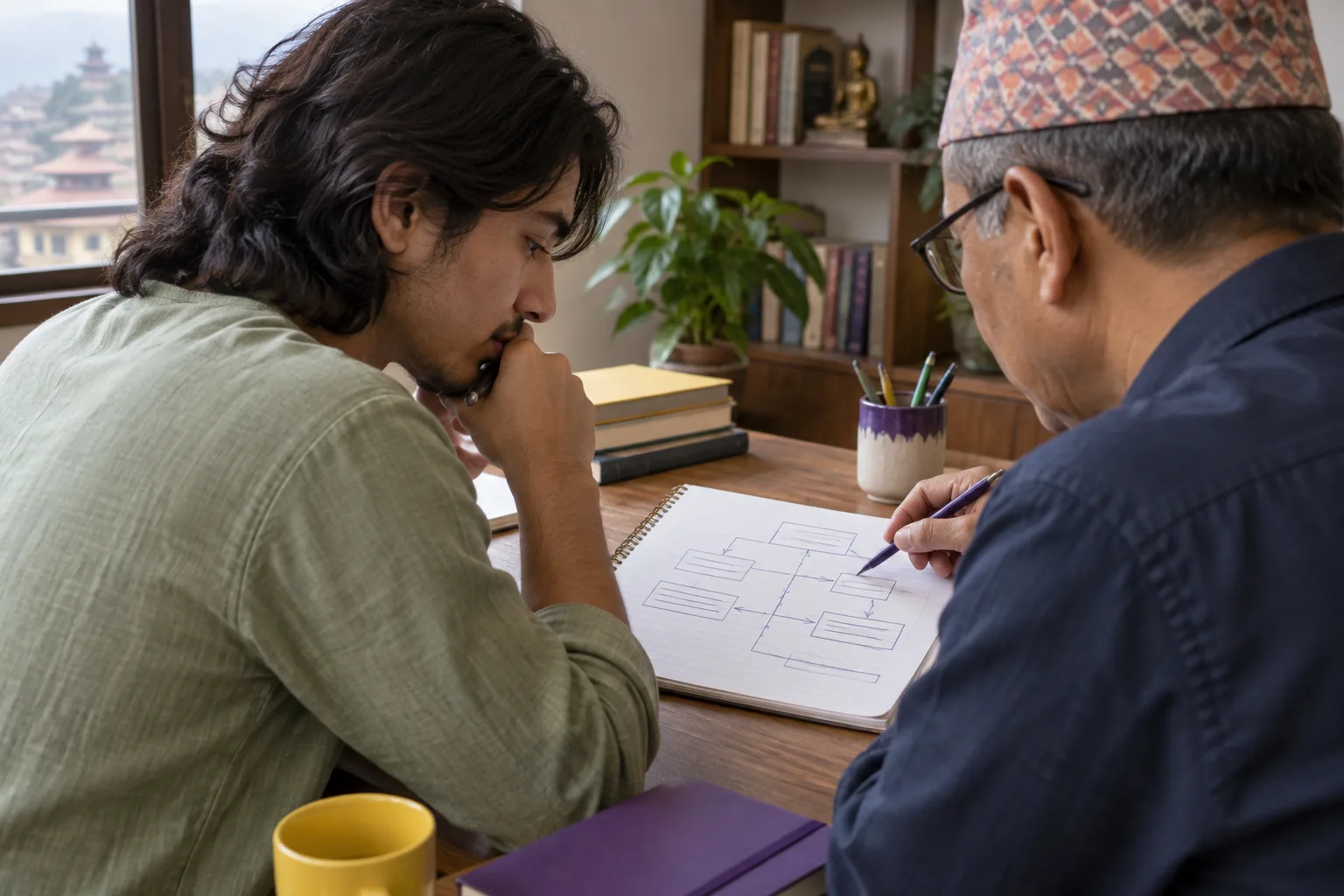 GMAT student and tutor tracing passage structure in a notebook