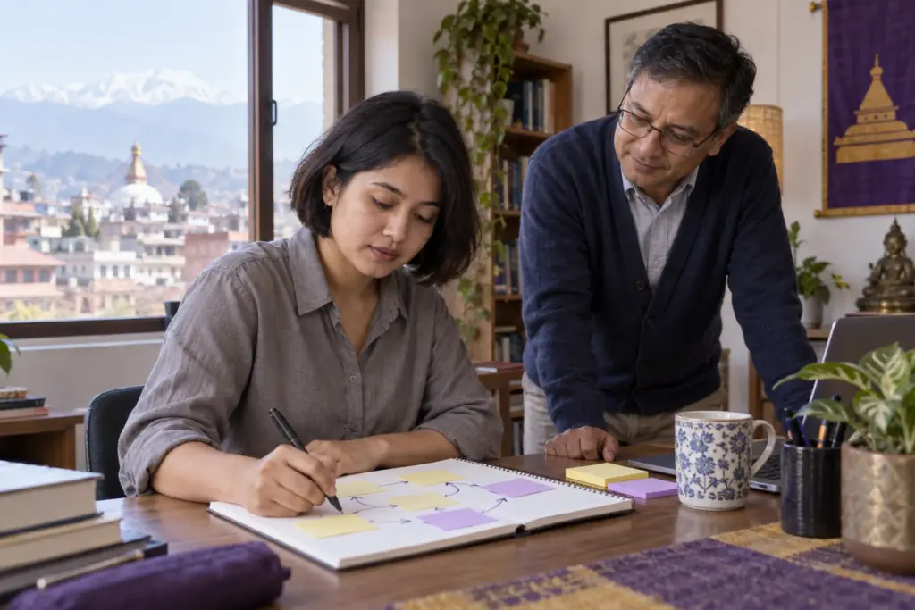 GMAT Critical Reasoning learner mapping an argument with a teacher