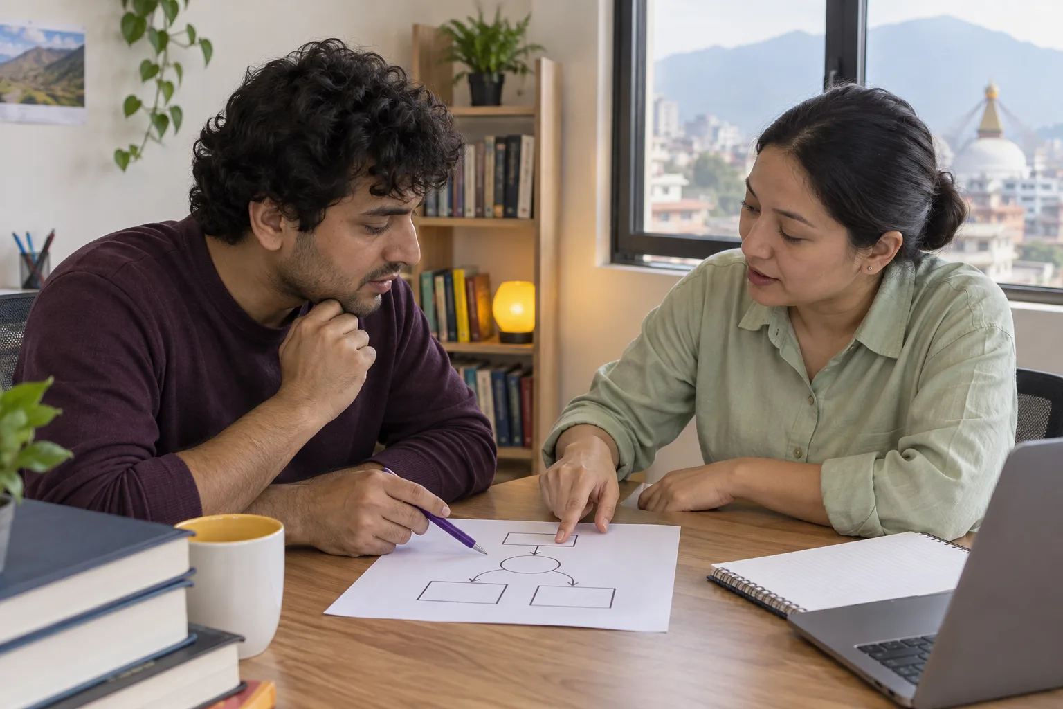GMAT learner and tutor discussing an argument diagram on paper