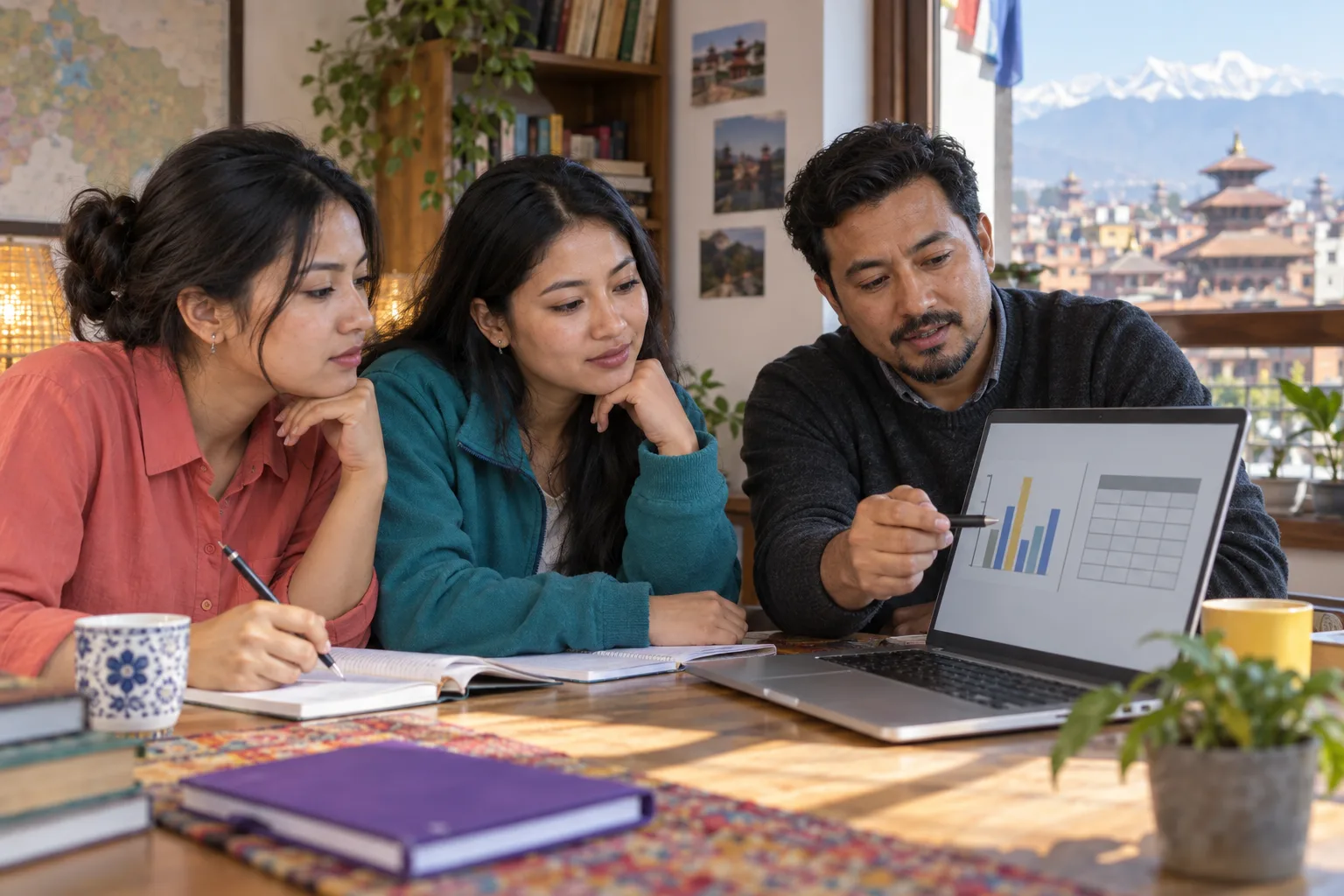 GMAT Data Sufficiency learners comparing a chart and table on a laptop with a mentor