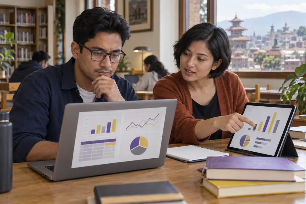 GMAT Multi-Source Reasoning learner comparing charts across a laptop and tablet
