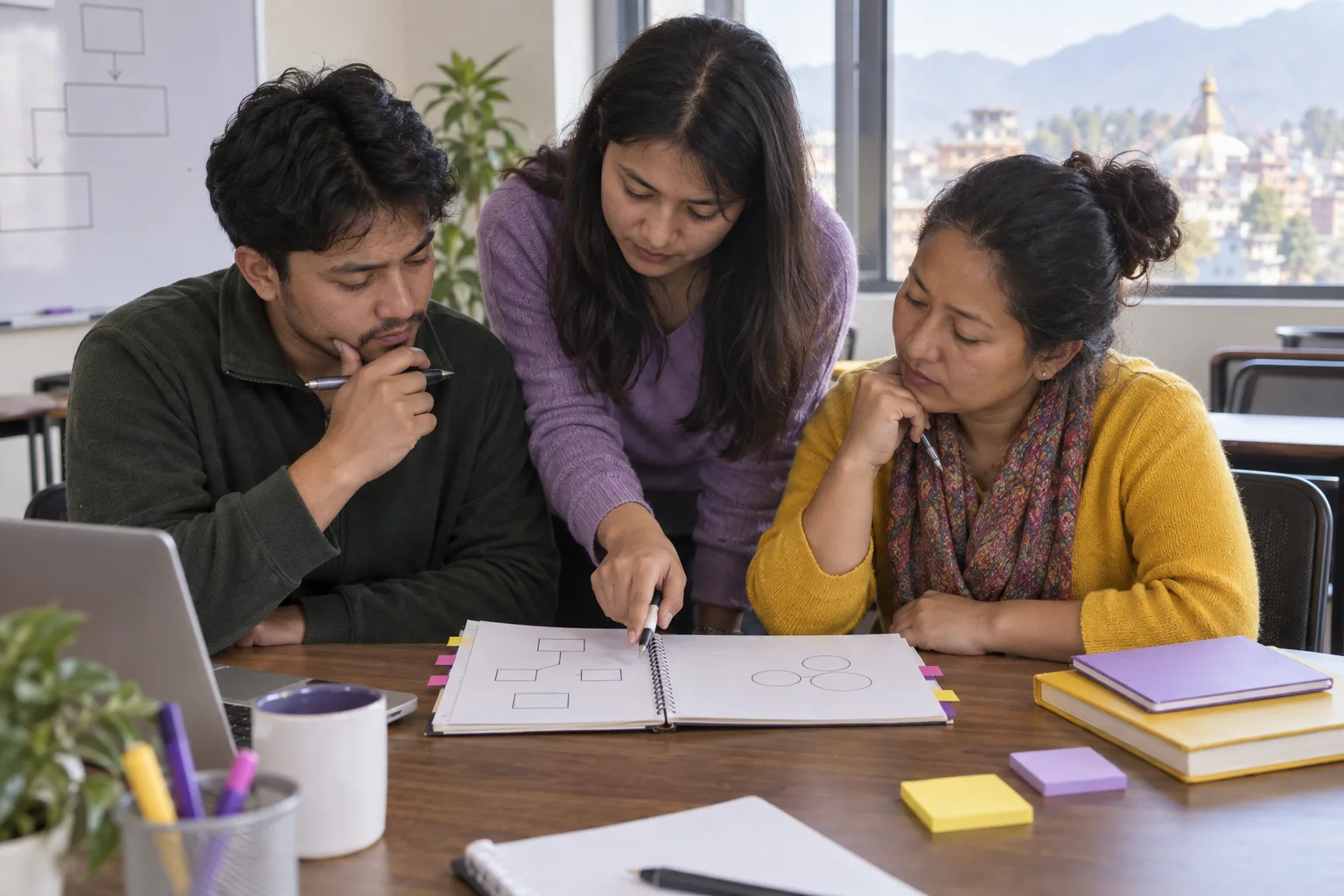 GMAT study group checking reasoning with diagrams in a notebook