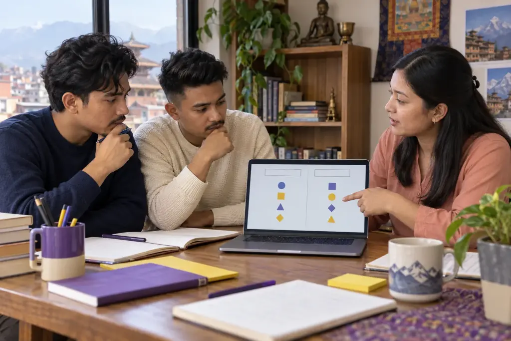 GMAT Two-Part Analysis learners and teacher discussing a two-column laptop diagram