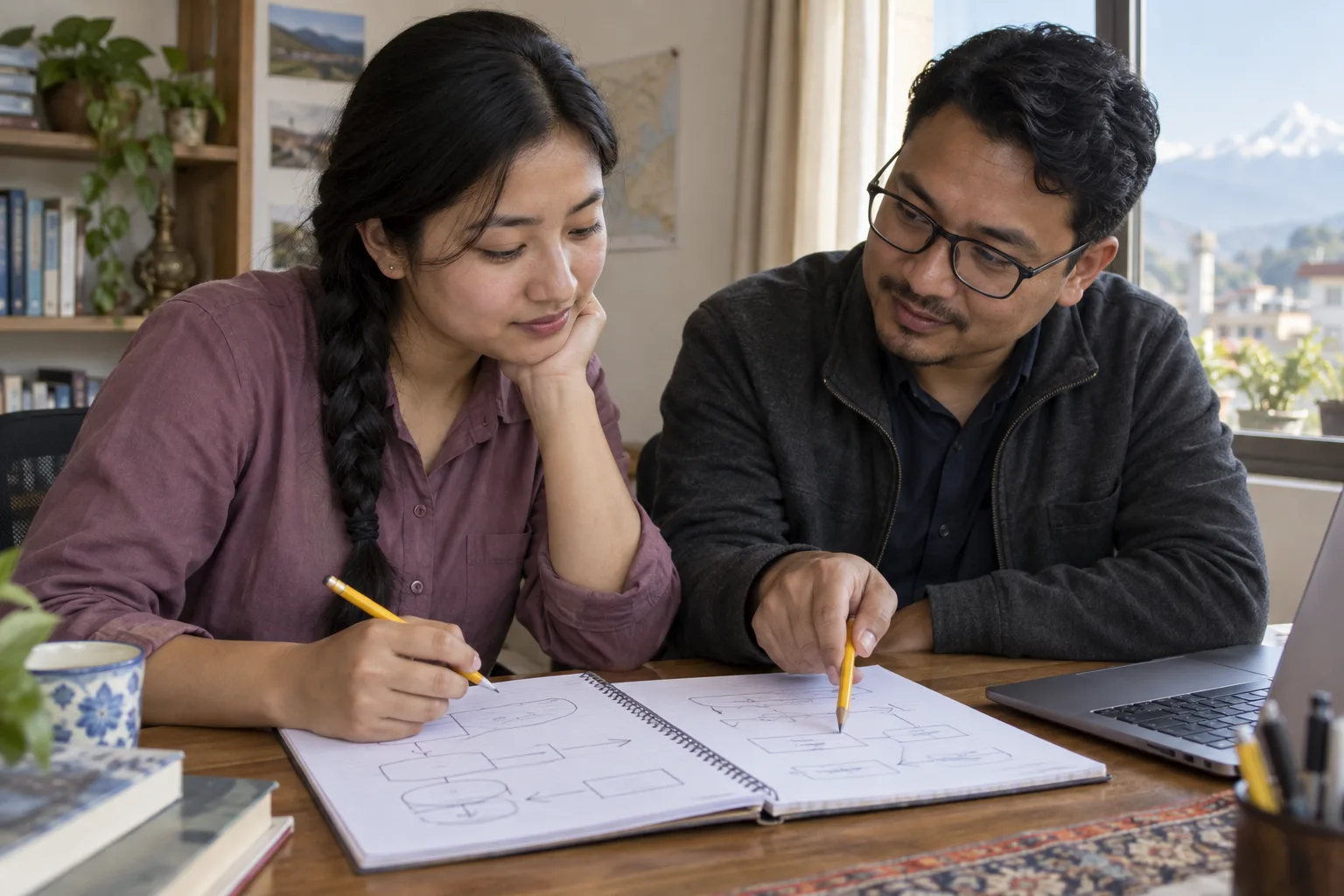 GMAT learner and mentor comparing corrections in a study notebook