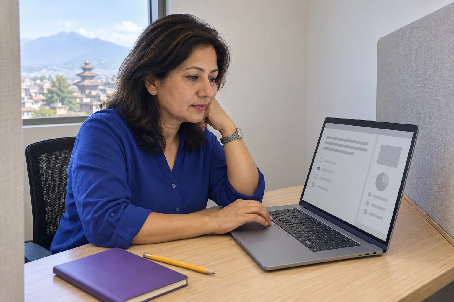Nepali GMAT learner taking a full-length mock test on a laptop in a quiet study room
