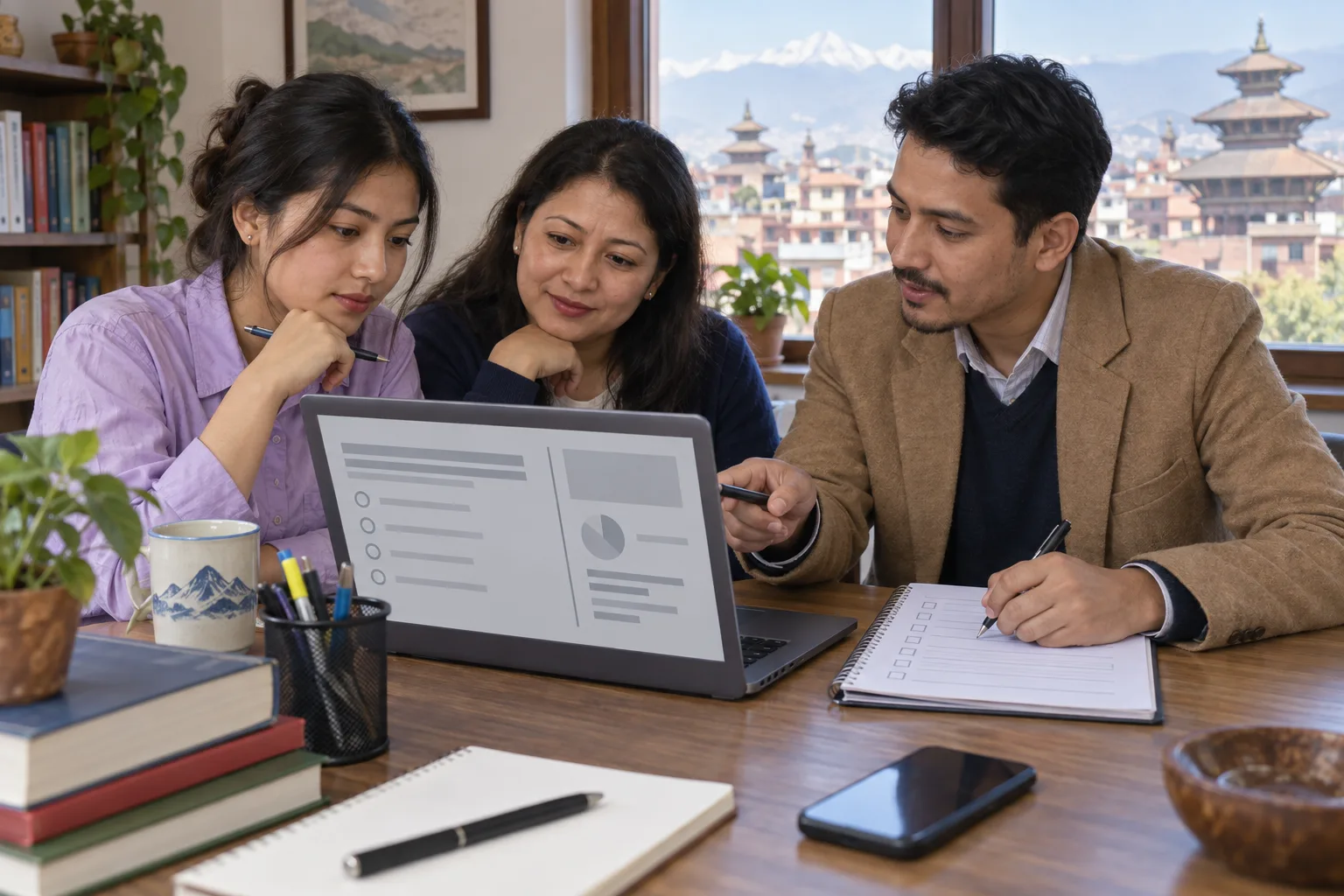 GMAT learners and mentor reviewing a question bank and error log on a laptop