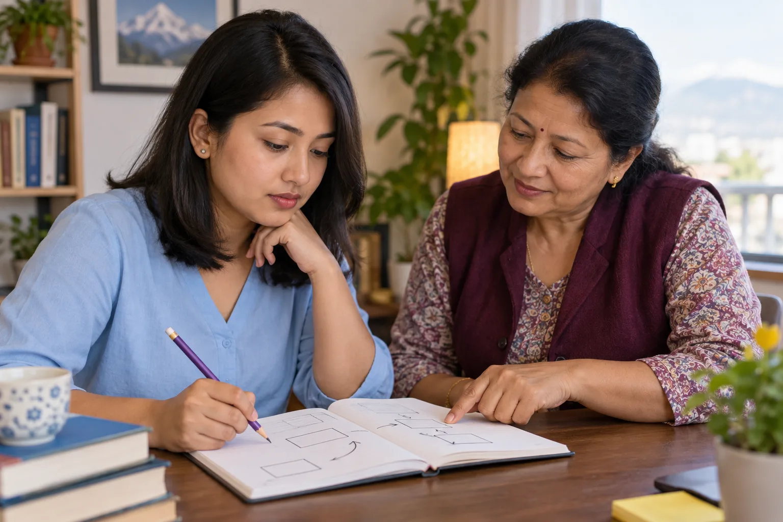 GMAT learner and tutor checking reasoning diagrams in a notebook