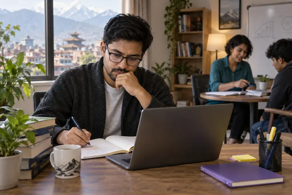 GMAT student studying independently while a tutor helps another learner nearby