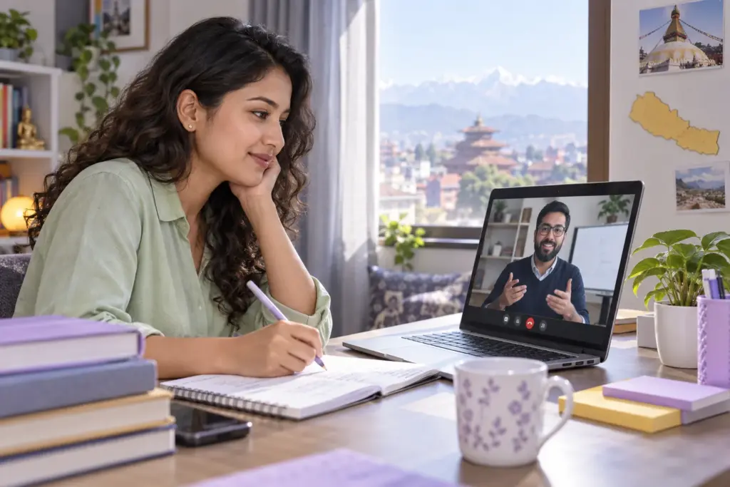 Nepali GMAT learner attending a live online lesson with a tutor on a laptop