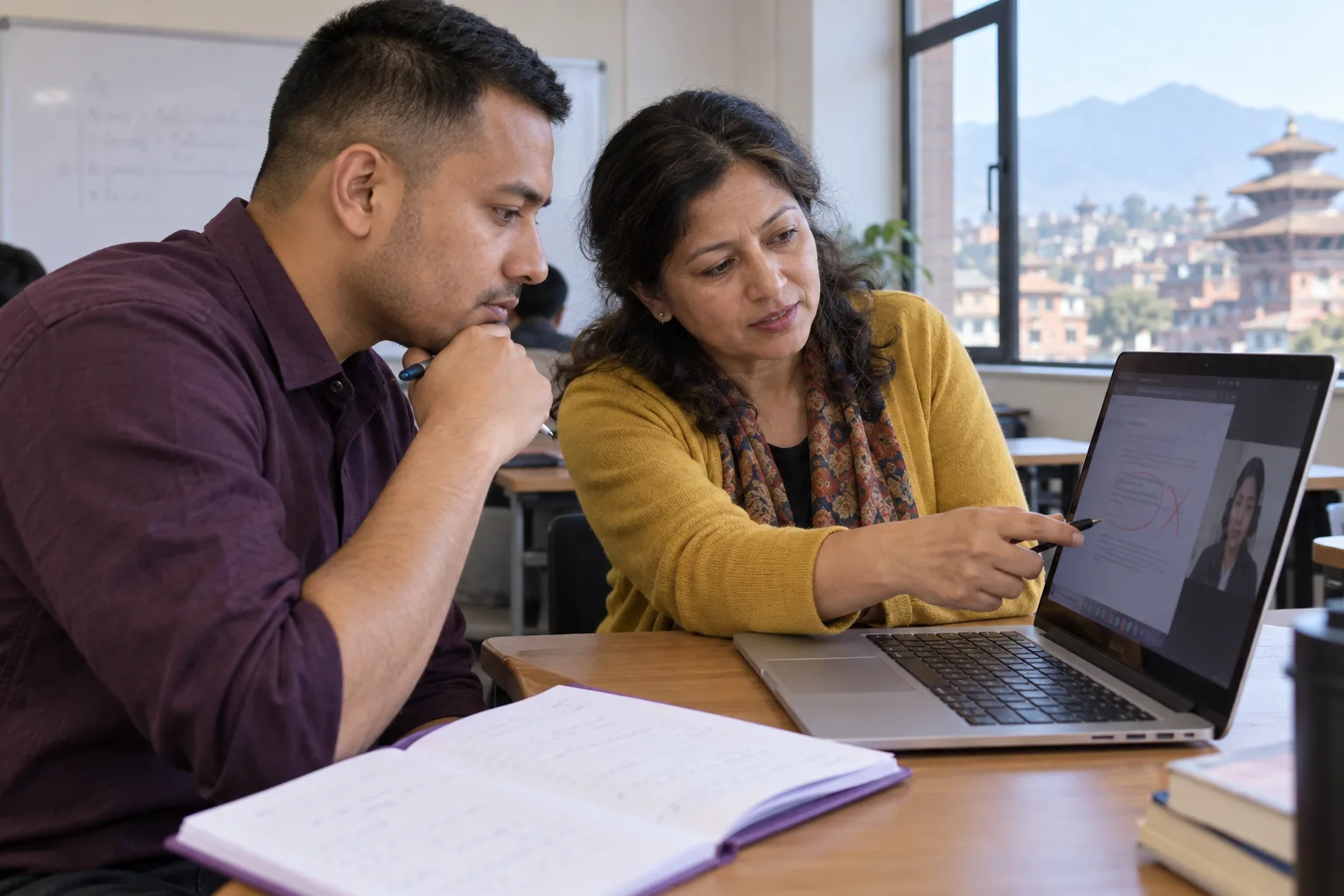 GMAT learner and mentor reviewing a practice error on a shared laptop screen